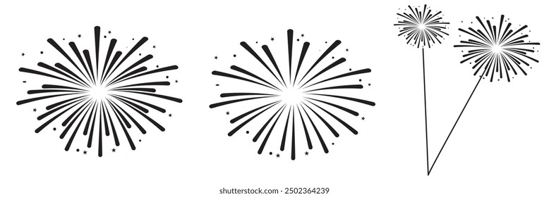  Conjunto de iconos de fuego artificial. Fuegos artificiales con estrellas y chispas aisladas sobre fondo blanco. Fuegos artificiales simples iconos de línea negra aislados sobre fondo blanco. Ilustración vectorial. EPS 10