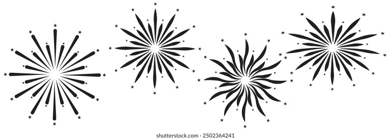  Conjunto de iconos de fuego artificial. Fuegos artificiales con estrellas y chispas aisladas sobre fondo blanco. Fuegos artificiales simples iconos de línea negra aislados sobre fondo blanco. Ilustración vectorial. EPS 10