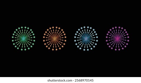 Set of firework icons. Fireworks with stars and sparks isolated on black background. Firework line icon set. Colorful realistic fireworks celebration isolated vector illustration.