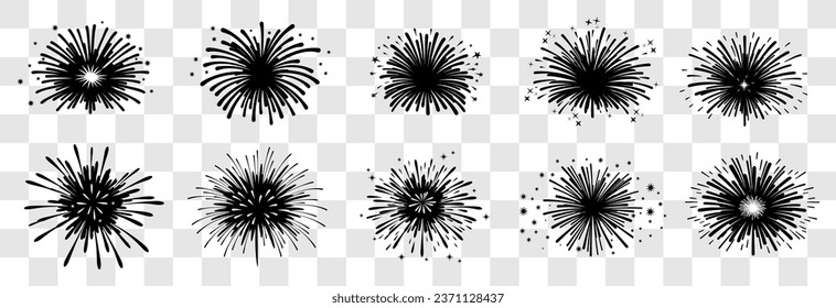 Conjunto de iconos de fuegos artificiales aislados en fondo transparente. Fuegos artificiales con estrellas y chispas .Firework simples iconos de la línea negra.	