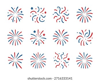Set of firework icons in red and blue. Various celebratory explosions on a white background