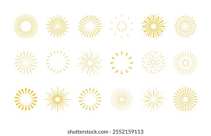 Conjunto de ícones de fogos de artifício, explosões estelares, brilhantes e brilhos para comemorações. Ilustração em plano vetorial