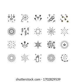 Set of firework icons, such as sparkle, party, star. Can be used for decoration celebration, party, new year. Editable stroke