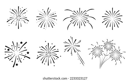 Set of firework icons.Fireworks with stars and sparks isolated on white background.Firework simple black line icons.