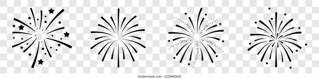 Set of firework icons.Fireworks with stars and sparks isolated on white background.Firework simple black line icons isolated on transparent background