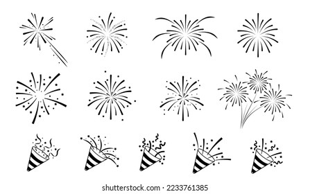 Set of firework icons.Fireworks with stars and sparks isolated on white background.Party popper.Firework simple black line icons.