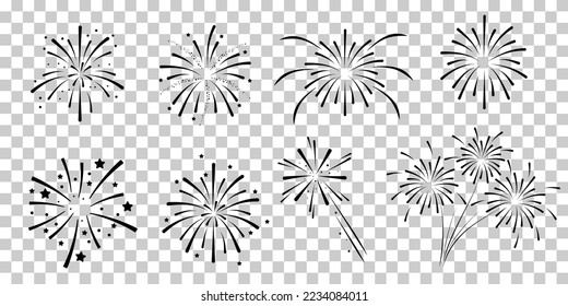 Set of firework icons.Fireworks with stars and sparks isolated on white background.Firework simple black line icons isolated on transparent background