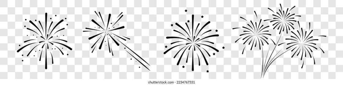 Set of firework icons.Fireworks with stars and sparks isolated on white background.Firework simple black line icons isolated on transparent background