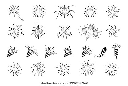 Set of firework icons.Fireworks with stars and sparks isolated on white background.Party popper.Firework simple black line icons.