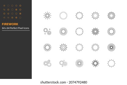 set of firework line icons, celebration, new year, sunburst