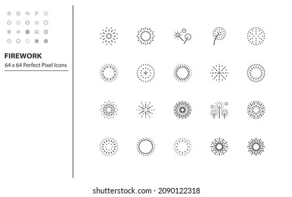 set of firework line icons, celebration, new year, sunburst