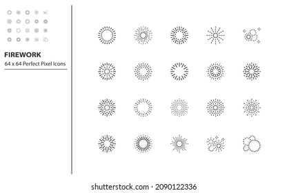 set of firework line icons, celebration, new year, sunburst