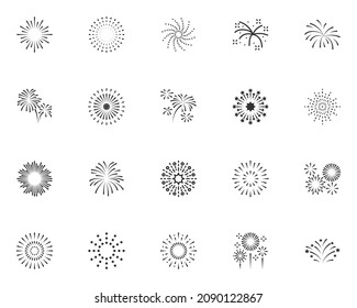 set of firework line icons, celebration, new year, sunburst