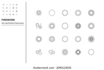 set of firework line icons, celebration, new year, sunburst