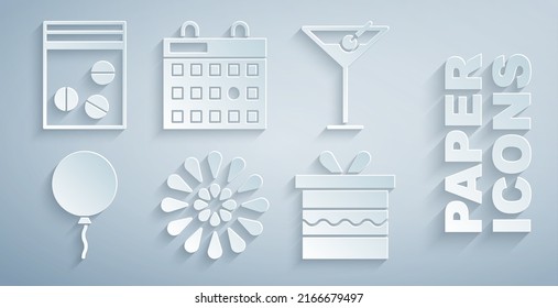 Set Firework, Martini glass, Balloon with ribbon, Gift box, Birthday calendar and Plastic bag of drug icon. Vector