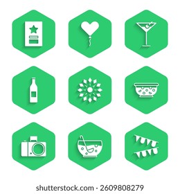 Set Firework, Mixed punch in bowl, Carnival garland with flags, Photo camera, Beer bottle, Martini glass and Greeting card icon. Vector