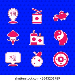 Set Firework, Peach fruit nectarine, Chinese Yuan currency, Yin Yang symbol, New Year, Asian conical straw hat, tea ceremony and  icon. Vector
