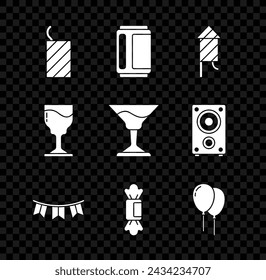 Set Firework rocket, Beer can, Carnival garland with flags, Candy, Balloons ribbon, Wine glass and Cocktail icon. Vector