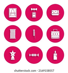 Set Firework rocket, Candy, Burning candle in candlestick, Christmas paper shopping bag, star, wish list template, Nougat with nuts and postcard icon. Vector