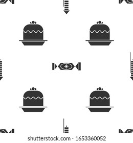 Set Firework rocket, Candy and Cake on seamless pattern. Vector