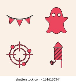 Set Firework rocket, Carnival garland with flags, Ghost and Target sport for shooting competition icon. Vector