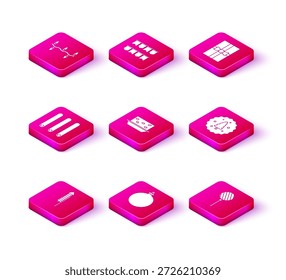 Set Feuerwerksrakete, Weihnachtsball, Drei gerollte Zimtstangen, Nougat mit Nüssen, Lollipop, Keksgebäck Schokolade, Geschenkbox und Karneval Girlande Flaggen Symbol. Vektorgrafik