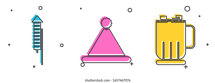 Set Firework rocket, Christmas Santa Claus hat and Hot chocolate cup with marshmallows icon. Vector