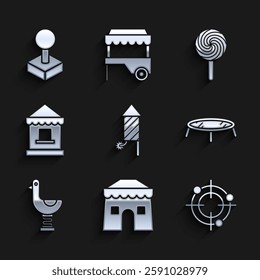 Set Firework rocket, Circus tent, Target sport for shooting competition, Jumping trampoline, Riding kid duck, Ticket box office, Lollipop and Joystick arcade machine icon. Vector