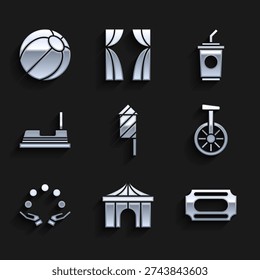 Set Firework rocket, Circus tent, ticket, Unicycle one wheel bicycle, Juggling ball, Bumper car, Paper glass with water and Beach icon. Vector