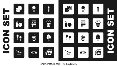 Set Firework Rocket, Fast Street Food Cart, Bowling Pin And Ball, Game Dice, Popcorn Box, Hot Air Balloon, Tree And Balloons Icon. Vector