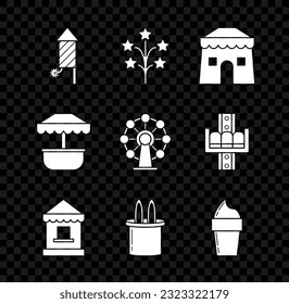 Set Firework rocket, Fireworks, Circus tent, Ticket box office, Magician hat and rabbit ears, Ice cream in waffle cone, Attraction carousel and Ferris wheel icon. Vector