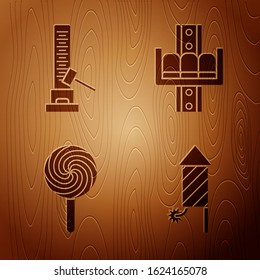 Set Firework rocket, High striker attraction with big hammer, Lollipop and Attraction carousel on wooden background. Vector