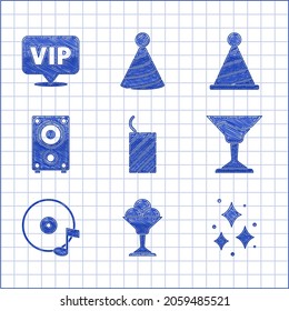 Set Firework rocket, Ice cream in bowl, Cocktail, Vinyl disk, Stereo speaker, Party hat and Location Vip icon. Vector
