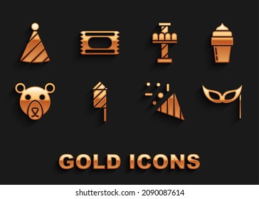 Set Firework rocket, Ice cream, Festive mask, confetti, Bear head, Attraction carousel, Party hat and Circus ticket icon. Vector