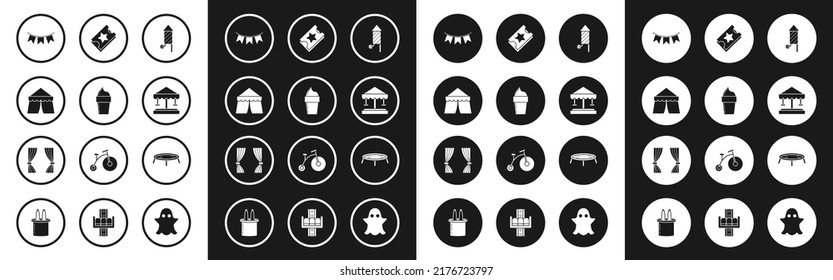 Set Firework rocket, Ice cream in waffle cone, Circus tent, Carnival garland with flags, Attraction carousel, Ticket, Jumping trampoline and Curtain icon. Vector