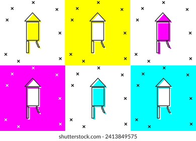 Set Firework rocket icon isolated on color background. Concept of fun party. Explosive pyrotechnic symbol.  Vector