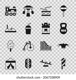 Set Firework rocket, Jester hat with bells, Weight, Drum drum sticks, Paper glass water, Bumper car, Toy train and Ticket box office icon. Vector