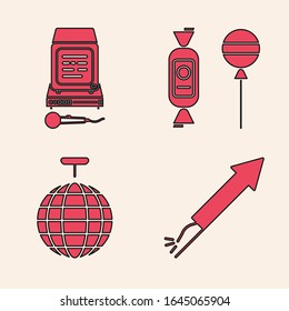 Set Firework rocket , Karaoke , Lollipop  and Disco ball  icon. Vector