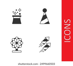 Set Firework rocket, Magician hat, Ferris wheel and Party icon. Vector