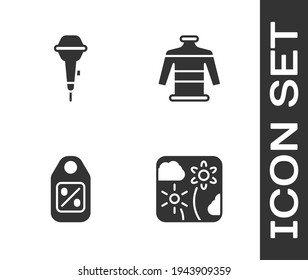 Set Firework Rocket, Microphone, Price Tag With Sale And Christmas Sweater Icon. Vector