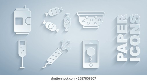 Set Firework rocket, Mixed punch in bowl, Glass of champagne, Mobile with birthday message, Candy and Beer can icon. Vector