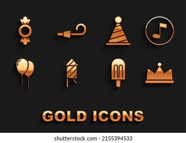 Set Firework rocket, Music note, tone, Crown, Ice cream, Balloons with ribbon, Party hat, Candy and Birthday party horn icon. Vector