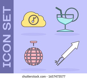 Set Firework rocket , Music streaming service , Disco ball  and Martini glass  icon. Vector
