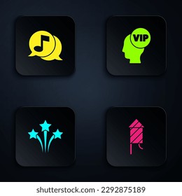 Set Firework rocket, Musical note in speech bubble,  and Vip inside head. Black square button. Vector
