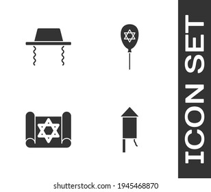 Set Firework rocket, Orthodox jewish hat, Torah scroll and Balloon with star of david icon. Vector