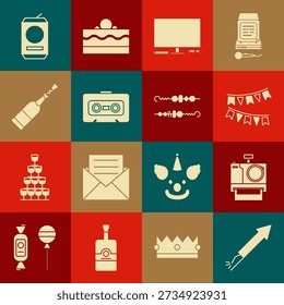 Set Firework rocket, Photo camera, Carnival garland with flags, Video game console, Retro audio cassette tape, Champagne bottle, Beer can and Grilled shish kebab icon. Vector