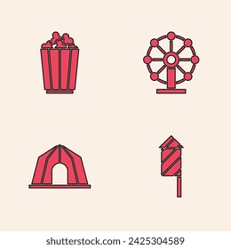 Set Firework rocket, Popcorn in box, Ferris wheel and Circus tent icon. Vector