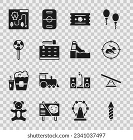 Set Firework rocket, Seesaw, Hunt on rabbit with crosshairs, Ticket, Arcade game machine, Lollipop, Amusement park map and Water slide icon. Vector