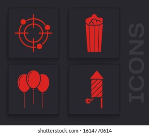 Set Firework rocket, Target sport for shooting competition, Popcorn in cardboard box and Balloons with ribbon icon. Vector