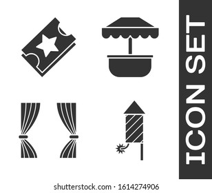 Set Firework rocket, Ticket, Curtain and Attraction carousel icon. Vector